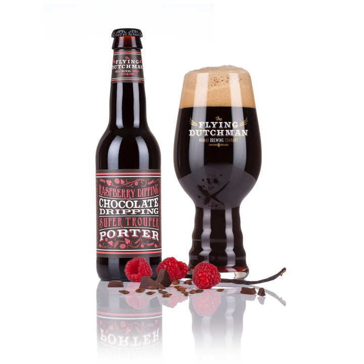 Exclusive specialty beer  Raspberry Dipping Chocolate Dripping Super Trouper Porter in glass bottle with Flying Dutchman glass brewed with dark chocolate, raspberries and vanilla beans.