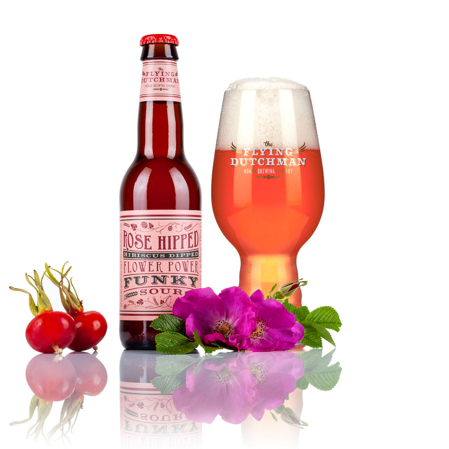 Exclusive specialty beer Rose Hipped Hibiscus Dipped Flower Power Funky Sour in glass bottle with Flying Dutchman glass brewed with rose hip and hibiscus flowers
